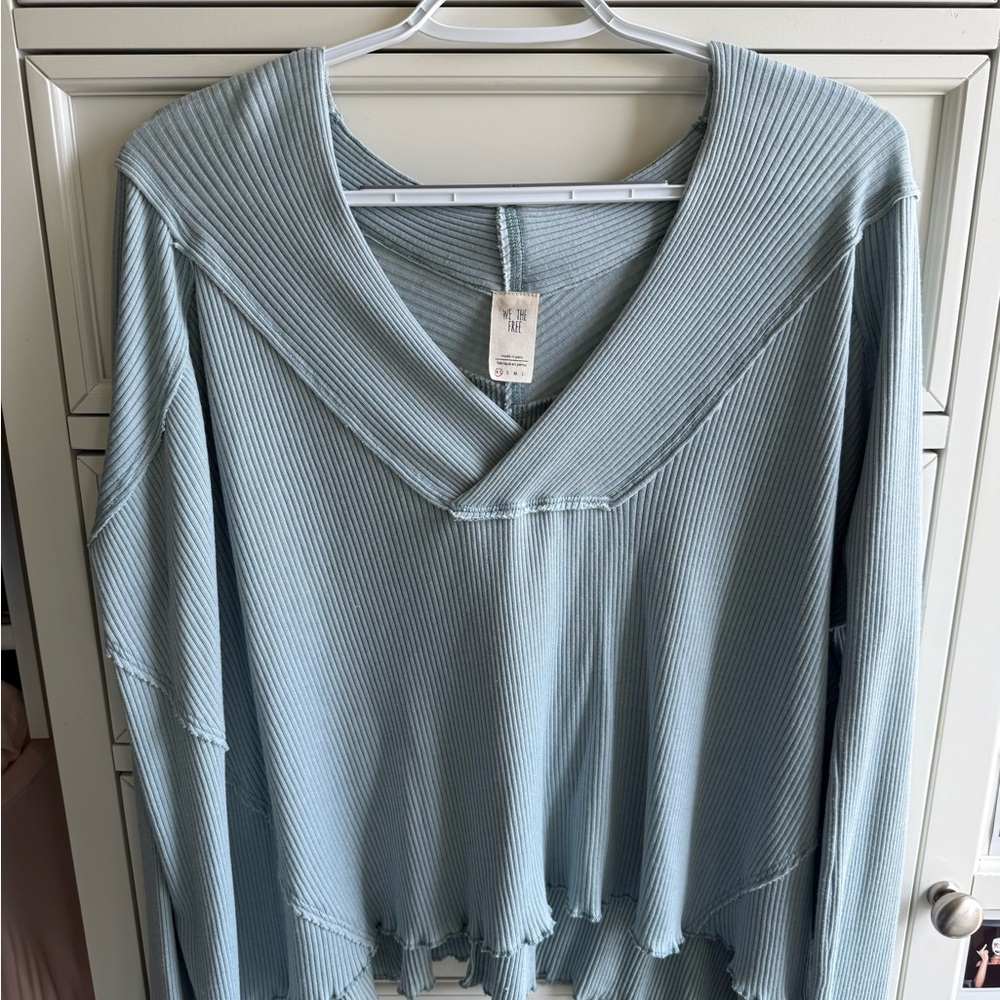 Free People Blue Ribbed V-Neck Long Sleeve Top